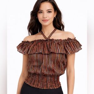 Ramy Brook Vance Off Shoulder Blouse XS Striped Smocked Halter Boho NWT